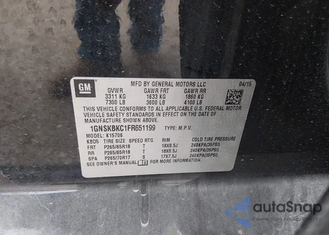 2015 Chevrolet Tahoe Lt z USA, uszkodzony, nr VIN 1GNSKBKC1FR651199